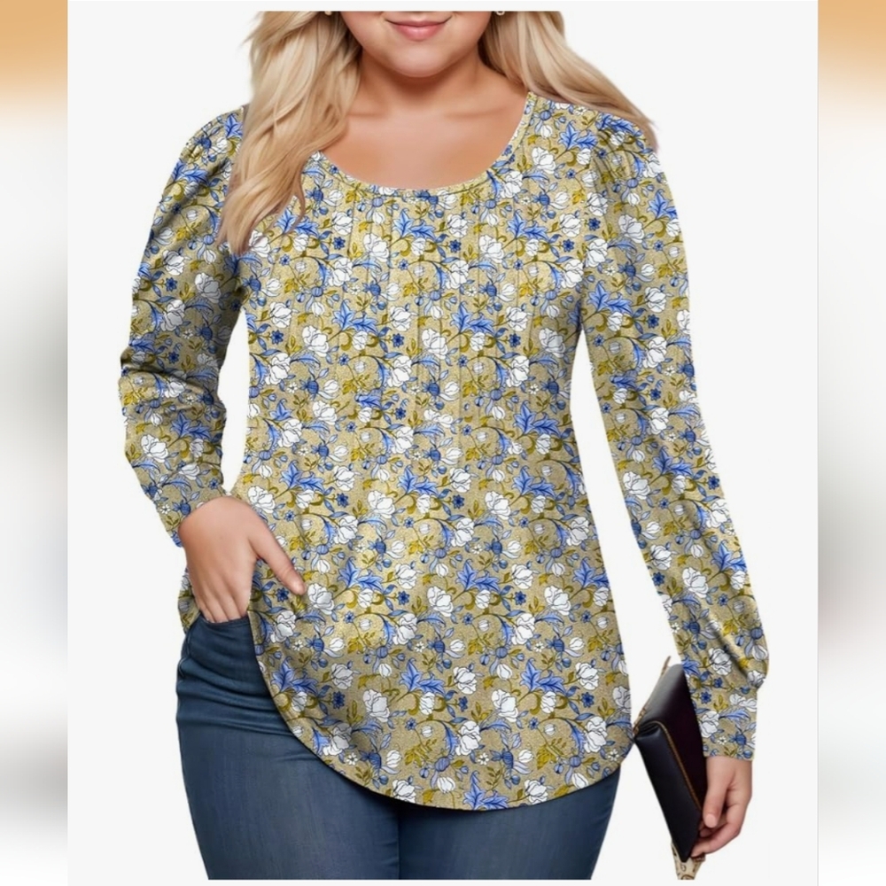 Floral Scoop Neck Long-Sleeve Top - Blue & Olive